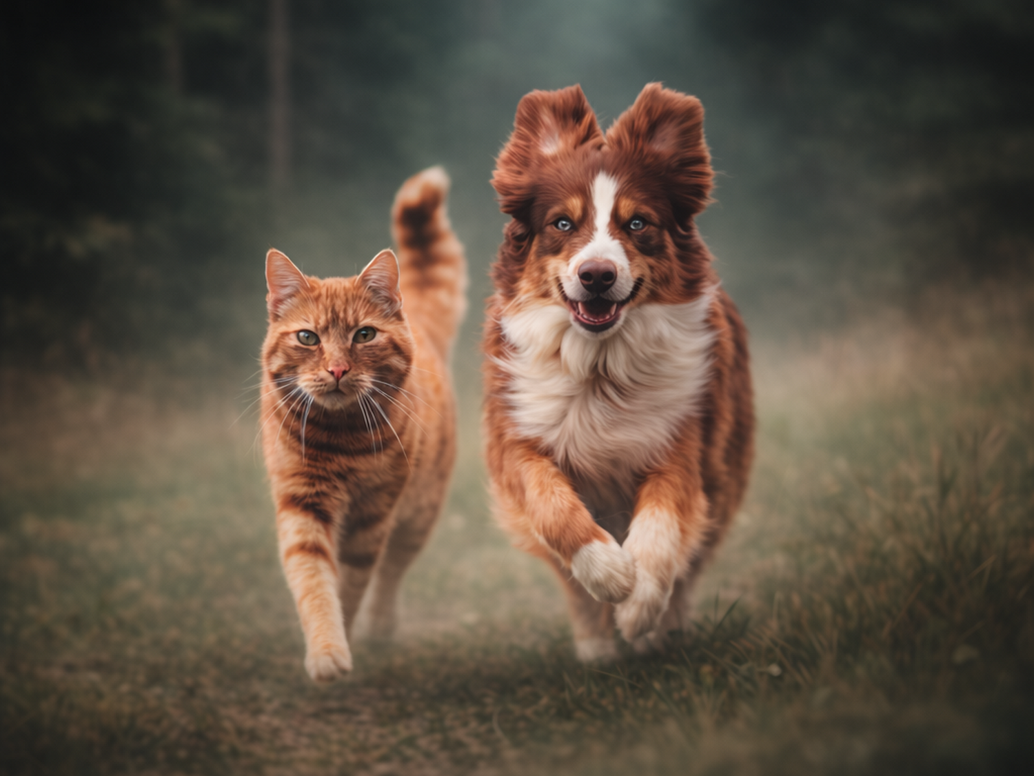 Un chat et un chien qui marchent dans la fôret
