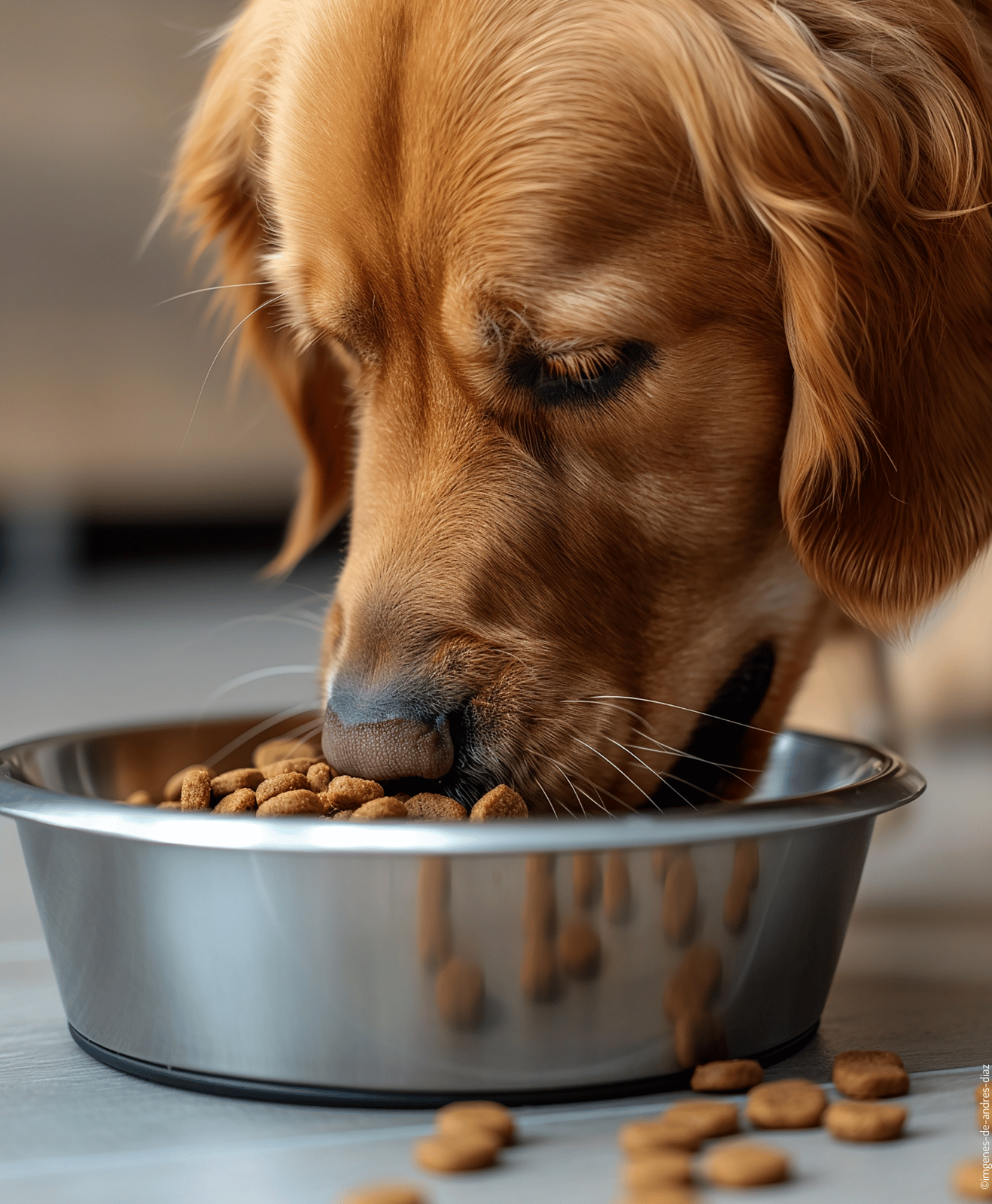 Une chien qui mange des croquettes dans une gamelle