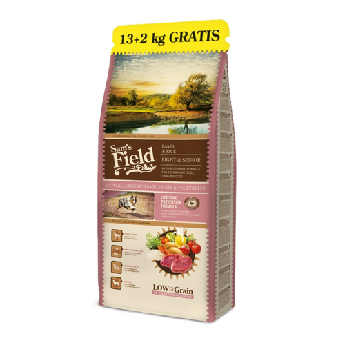 Visuel 1 du produit Croquettes Chien Low Grain – Sam’s Field Senior Light Agneau et Riz – 15 kg