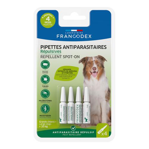 Visuel 1 du produit Soin Chien - Francodex Pipettes antiparasitaires insectifuges Grands Chiens plus de 20 kg - 4 x 2 ml