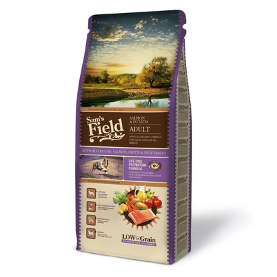 Comparer les prix de Croquettes Chien Low Grain – Sam's Field au saumon et pommes de terre – 13 kg