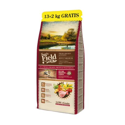 Meilleurs prix pour Croquettes Chien Low Grain – Sam’s Field Adult Medium Poulet et Pommes de terre – 15