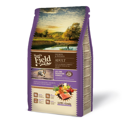 Meilleurs prix pour Croquettes Chien – Sam's Field Low Grain au saumon et pommes de terre – 2,5 kg