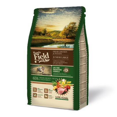 Comparer les prix de Croquettes Chiot Large Low Grain – Sam's Field au poulet et pommes de terre – 2,5 kg