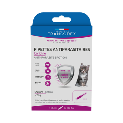 Comparer les prix de Soin Chat - Francodex Pipettes antiparasitaires spécial chaton Icaridine -  4 x 0,6 m