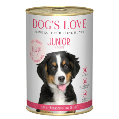 Comparer les prix de Boîte Chiot – Dog's Love Junior Bœuf, Carottes & Sauge 400 gr