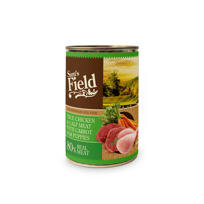 Comparer les prix de Boîte Chiot – Sam's Field au poulet, au veau et aux carottes – 400 g