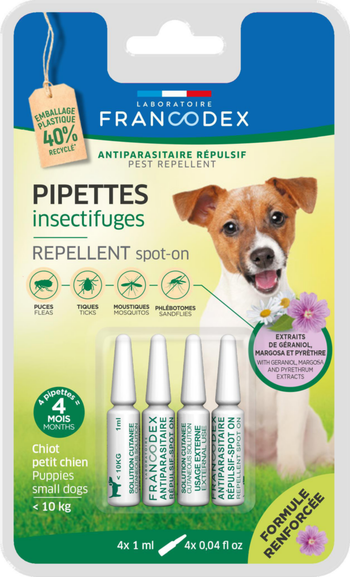 Visuel 1 du produit Soin Chien - Francodex Pipettes antiparasitaires insectifuges Chiots et petits chiens moins de 10 kg - 4 x 1 ml