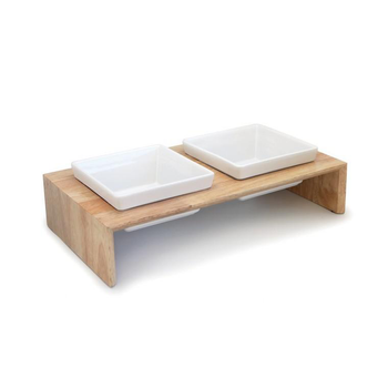 Visuel 1 du produit Hamiform Gamelle double en bois et céramique 2 x 400 ml Blanc Taille M - 36 x 19,5 x 10 cm