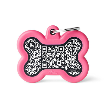 Visuel 1 du produit MyFamily Médaille Chien Hushtag Plus Os Aluminium QR Code Rose - 41 x 33 mm