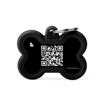 Visuel 1 du produit MyFamily Médaille Chien Hushtag Plus Os Aluminium QR Code Noir - 41 x 33 mm