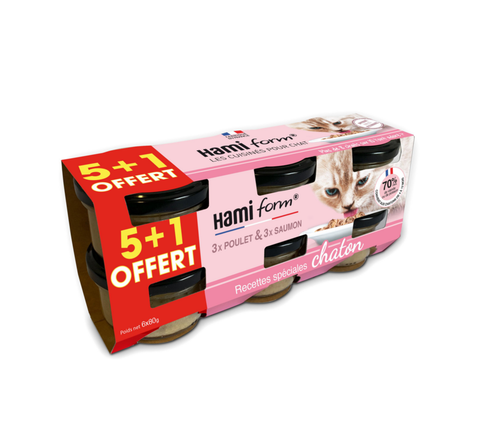 Visuel 1 du produit Boîtes Chaton – Hamiform Recette chaton 3x Poulet et 3x Saumon - 6x80 gr
