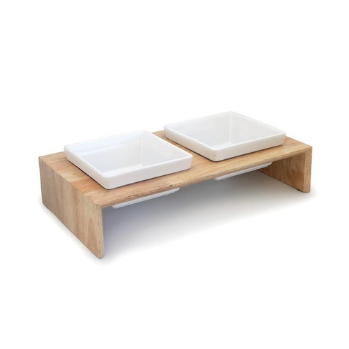 Visuel 1 du produit Hamiform Gamelle double en bois et céramique 2 x 200 ml Blanc Taille S - 28 x 15 x 7 cm