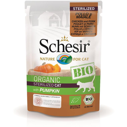Visuel 1 du produit Sachet Chat Stérilisé – Schesir bio Poulet Porc avec Citrouille 85 gr