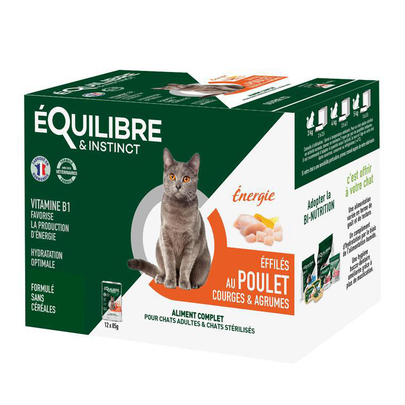 EQUILIBRE&INSTINCT-Boîtes Chat - Équilibre & Instinct Éffilés Énergie au poulet, courges et agrumes - 12 x 85 gr