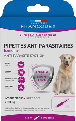 Comparer les prix de Soin Chien - Francodex Pipettes antiparasitaires spécial grand chien Icaridine - 4 x