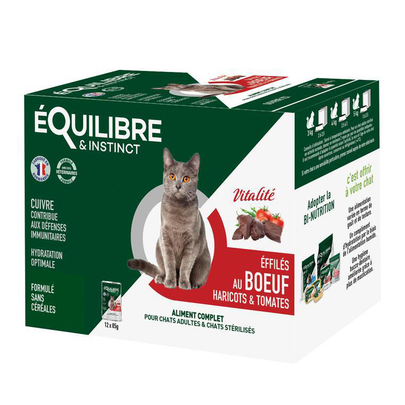 EQUILIBRE&INSTINCT-Boîtes Chat - Équilibre & Instinct Éffilés Vitalité au bœuf, haricots verts et tomates - 12 x 85 gr